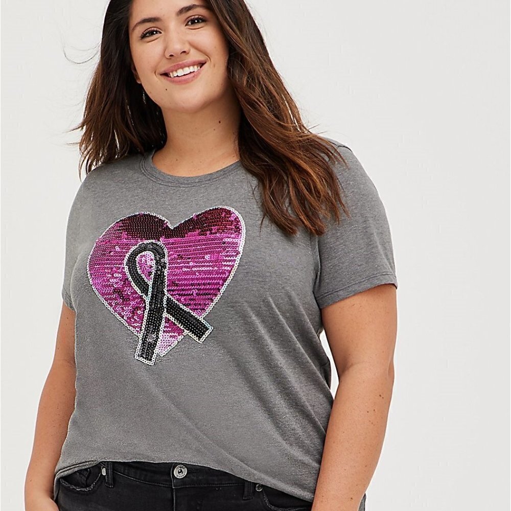Torrid - Breast Cancer Awareness Everyday Tee, Jersey Sequins Heart Grey